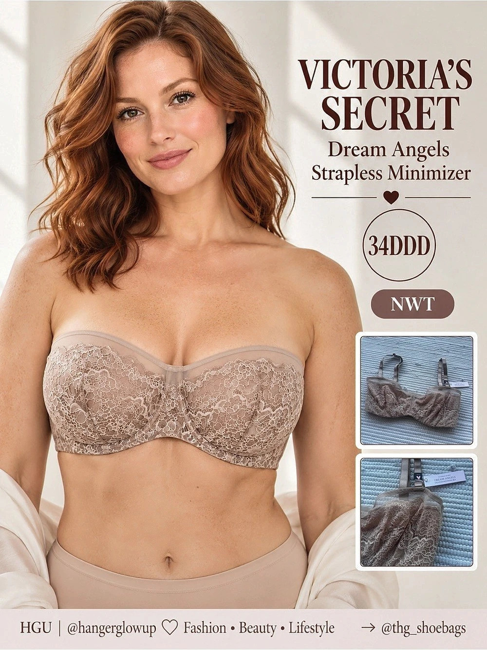 Victoria’s Secret Dream Angels Strapless Minimizer Bra Nude Lace 34DDD NWT